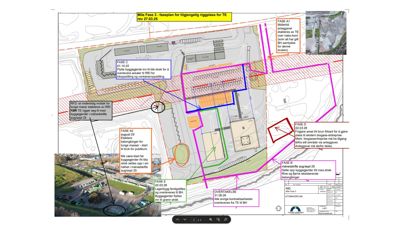 Situasjonsplan som viser faseløsninger for en byggeprosjekt (Mills Fase 3), med overlappende farger som markerer ulike byggetrinn og tilhørende tekstbeskrivelser.