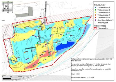 Situasjonsplan som viser prøvepunkter og forurensningskart over et byggeområde.