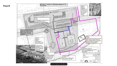Situasjonsplan som viser faseplan for anleggsarbeider, byggeplass og infrastruktur på et industriområde.