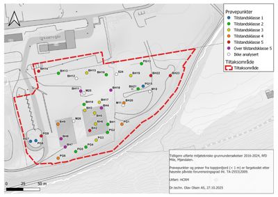Situasjonsplan som viser prøvepunkter og tiltaksområde på en tomt med topografi.