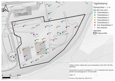 Situasjonsplan som viser prøvepunkter og forurensningstilstand på et byggeområde.
