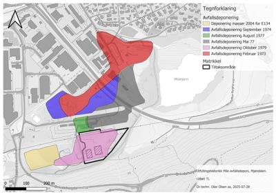 Situasjonsplan som viser avfallsdeponeringsområder og matrikkelgrenser i et geografisk område.