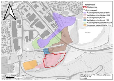 Kart som viser historikk for avfallsdeponering i Mile, med overlag av tidligere deponeringsområder og tiltaksområde.