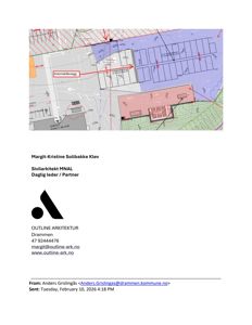 Situasjonsplan som viser tomt, bygningsspor, veier og grunneiergrenser.
