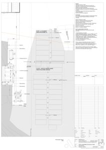 Utomhusplan (situasjonsplan) som viser plassering av oppstillingsplasser for renovasjonsbiler, veier, gitterporter og andre utendørs installasjoner.