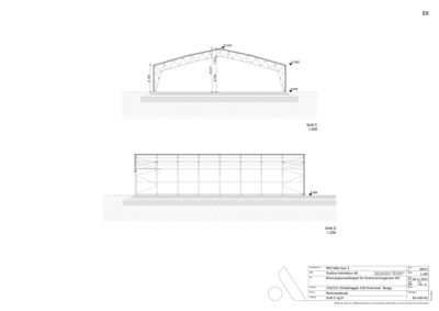 Snittegning (Snitt C og D) som viser tverrsnittet av en bygning med mål og konstruksjonsdetaljer.