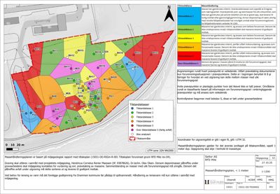 En situasjonsplan eller kart som viser forurensningssoner (tilstandsklasser) på et utgravningsfelt, med prøvetakingspunkter og en nøkkel.