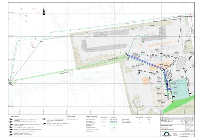 Situasjonsplan som viser tomt, bygninger, veier og teknisk utstyr (ledninger) for et prosjekt.