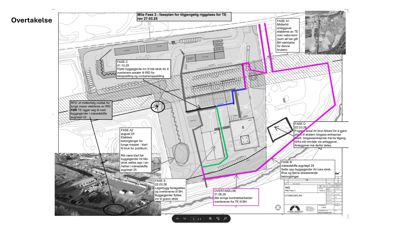 Situasjonsplan som viser faseplan for anleggsarbeider, byggegrenser og infrastruktur på en tomt.