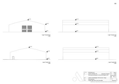 Bildet viser fire fasadetegninger av et lagerbygg (Nord, Vest, Sør, Øst) med høydeangivelser.
