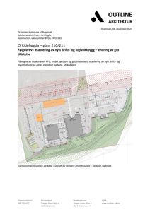 Situasjonsplan som viser bygningenes plassering på tomten, veier, parkeringsplasser og terrengforhold.