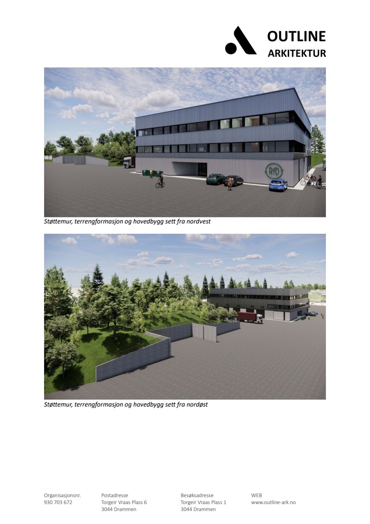 3D-visualisering av et planlagt bygg med omgivelsene, inkludert støttemurer og terreng.