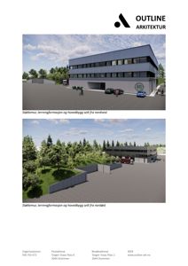 3D-visualisering av et planlagt bygg med omgivelsene, inkludert støttemurer og terreng.