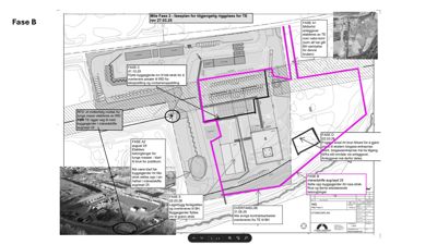Situasjonsplan som viser en byggeplass med fasemarkeringer (Fase A, B, C, D, E) og tilhørende tekstbeskrivelser av anleggsarbeider.
