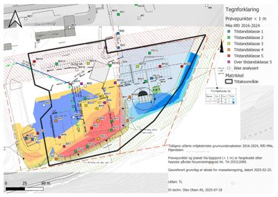 Situasjonsplan som viser forurensningsgrad (fargekoding) på et område, med tegnforklaring, matrikkel og tilholdsområder.