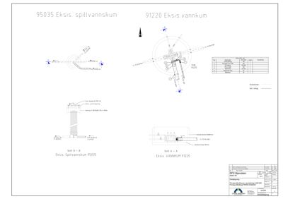 Teknisk tegning som viser detaljerte snitt (A-A og B-B) og plan for eksisterende vann- og spillvannskummer.