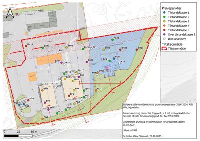 Situasjonsplan som viser prøvepunkter for miljøtekniske undersøkelser på en tomt med bygninger og infrastruktur.