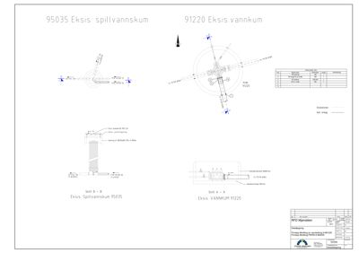 Teknisk tegning som viser eksisterende spillvannskum og vannkum med detaljerte snitt og dimensjoner.