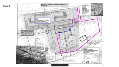 Situasjonsplan som viser faseplan for anleggsarbeider, byggegrenser og infrastruktur på et industriområde.