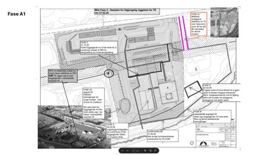 Situasjonsplan som viser faseplan for anleggsarbeider på en tomt, inkludert byggegrenser, veier og fasemarkeringer.