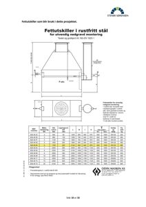 Teknisk tegning og spesifikasjonstabell for en fettutskiller i rustfritt stål.