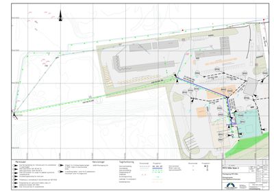 Situasjonsplan som viser tomtens form, terrengforhold (konturlinjer), eksisterende og planlagt infrastruktur (veier, kabler, ledninger) samt bygningers plassering.
