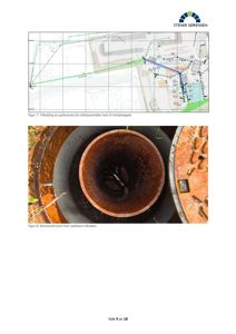 Fotografi av et kommunalt kum hvor spillvann tilkobles, samt en tilhørende situasjonsplan.