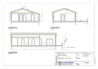 Tegning som viser tverrsnitt (A og B) og lengdesnitt av en hytte, inkludert mål på høyder, dører og takhøyde.