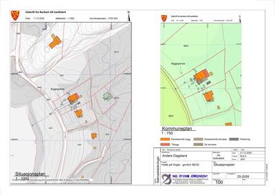 Situasjonsplan som viser tomtens beliggenhet, eksisterende bygninger (orange), planlagte bygg (rødt) og terrengforhold.