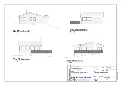 Fasadetegning som viser eksisterende fasader på fire sider (Nord, Aust, Vest, Sør) av en hytte.
