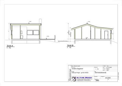 Snittegning (Snitt A og Snitt B) som viser tverrsnittet av en hytte, inkludert høyder, takform og grunnplan.