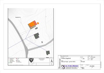 Situasjonsplan (VA-kart) som viser tomtens topografi, byggegrense og plassering av eksisterende og planlagt bebyggelse.