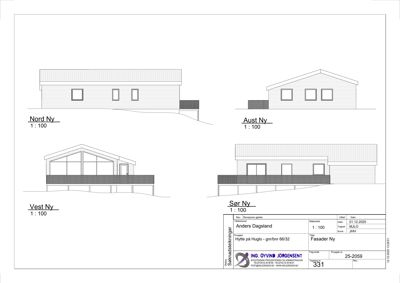 Fasadetegning som viser bygningens utseende fra fire sider (Nord, Aust, Vest og Sør) med skala 1:100.