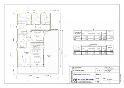 Etasjeplan (plan ny) som viser romfordeling, mål og areal for en bolig.