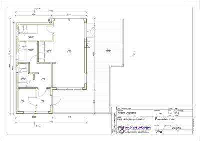 Etasjeplan (etg) som viser romfordeling, mål og areal for en hytte.