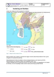 Et kart som viser et utklipp fra NVEs temakart for flom, med fargekoding for vannstandsstigning og flomaktighetsområder.