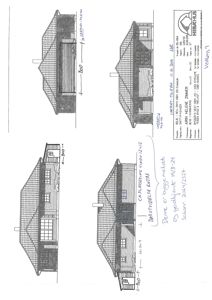 Fasadetegning som viser bygningens utsyn fra fire ulike vinkler (front, side, bak og en vinkel), med håndskrevne notater om mål og endringer.