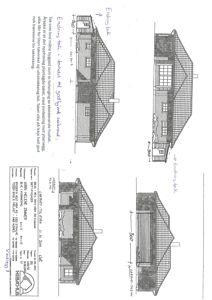 Fasadetegning som viser bygningens utseende fra flere vinkler (for- og sidefasader) med håndskrevne notater om takhøyde og materialvalg.