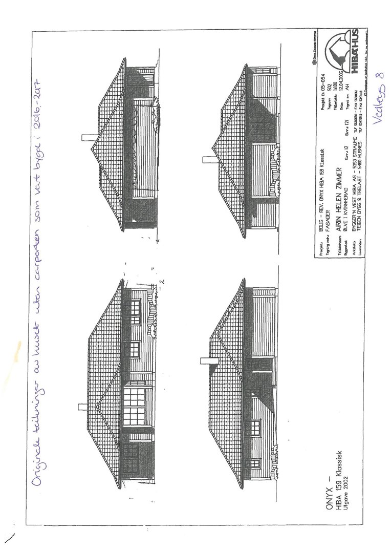 Fasadetegning som viser bygningens utseende fra fire ulike vinkler (for, bak, venstre og høyre side).