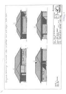 Fasadetegning som viser bygningens utseende fra fire ulike vinkler (for, bak, venstre og høyre side).
