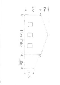 En håndtegnet fasadetegning av et hus med mål og romfordeling.