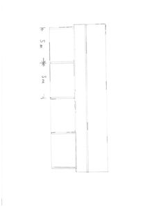 En tegning som viser en fasade eller en sidevindu av en bygning med angitte mål på 5 meter.