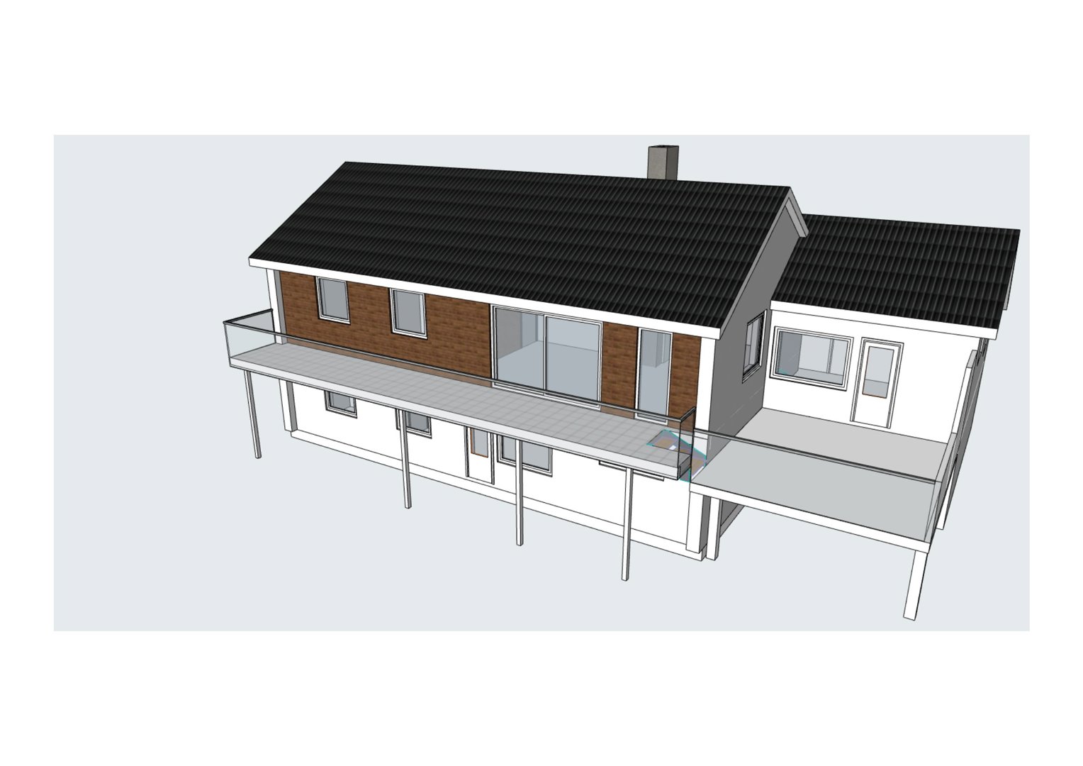 3D-visualisering av en toetasjes bolig med fasade, tak, balkong og vinduer.