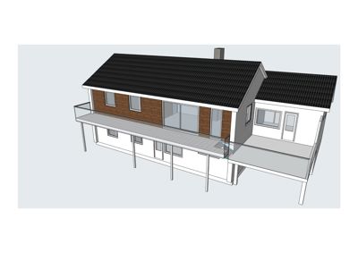 3D-visualisering av en toetasjes bolig med fasade, tak, balkong og vinduer.