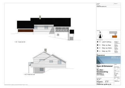 Fasadetegning som viser bygningens utseende sett fra sør og øst.