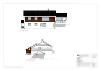 Fasadetegning som viser bygningens utsyn fra nordvest og øst.