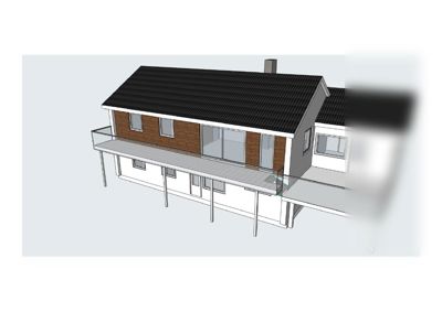 3D-visualisering av en toetasjes bolig med fasade, tak, balkong og vinduer.