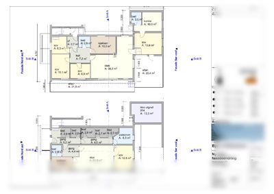 Etasjeplaner (plan og snitt) for en byggesak med romfordeling og arealoppgaver.