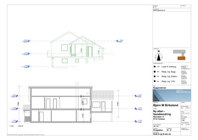 Snittegning (Snitt B) som viser bygningens tverrsnitt, høyder og romfordeling.