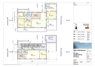 Etasjeplaner (plan og snitt) for en byggesak med romfordeling og arealoppgaver.